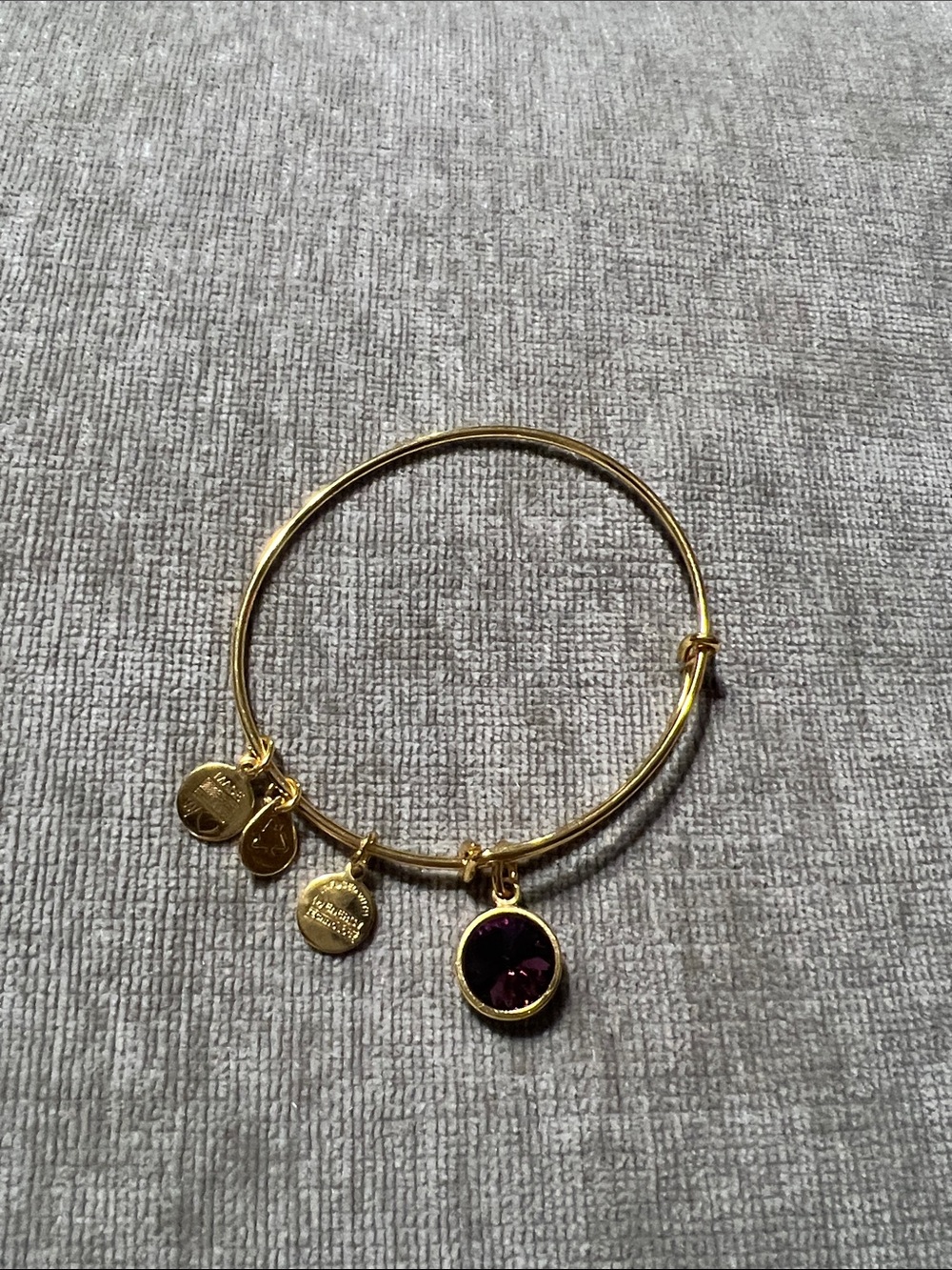 Alex and Ani Gold-Tone Bangle with Purple Crystal Charm